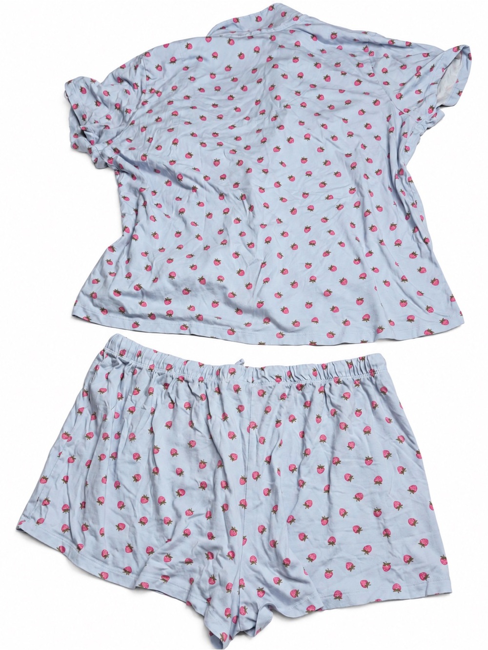 La Vie en Rose Pajama Set XXL Blue Pink Raspberry Print Button Down Shorts 2pc - Picture 7 of 7